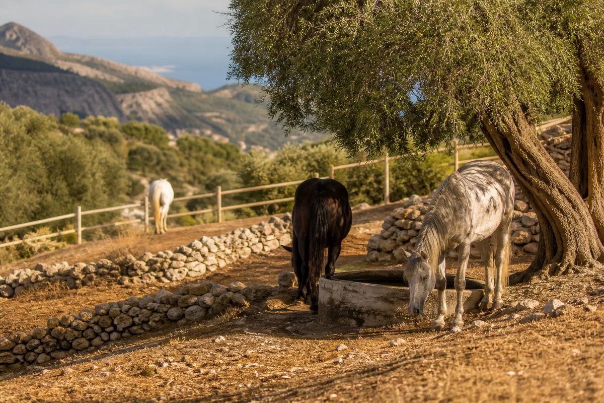 Chevaux à l’ombre d’un abri ouvert sur un paddock en plein été provençal