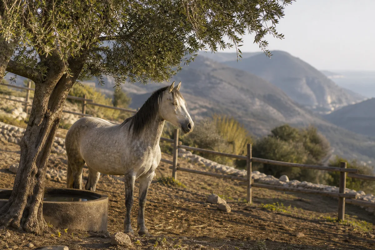 Cheval nouvellement arrivé observant son paddock dans un paysage provençal