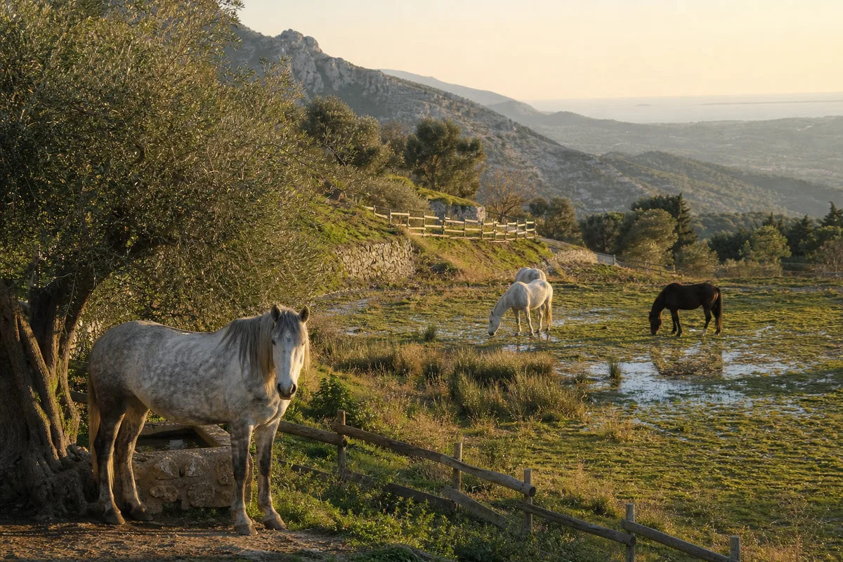 Chevaux en liberté dans une prairie humide du delta camarguais