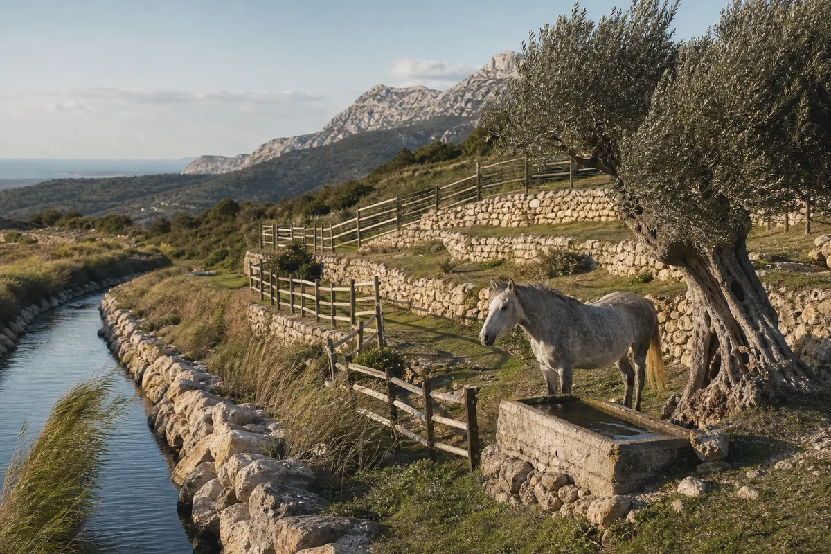Digue empierrée et canal bordant une prairie camarguaise sous le mistral