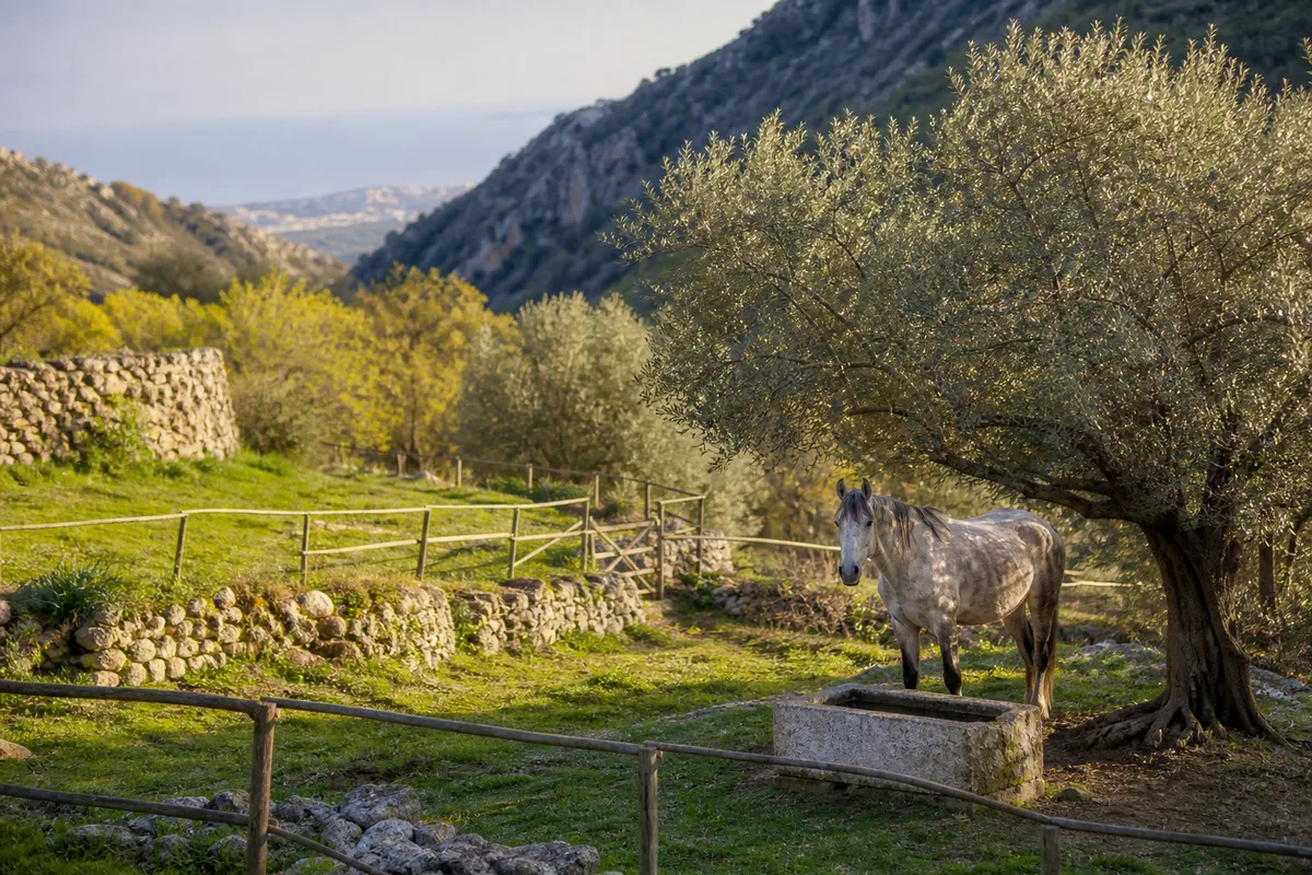 Pâtures en terrasses dans un vallon de l’arrière-pays niçois au printemps
