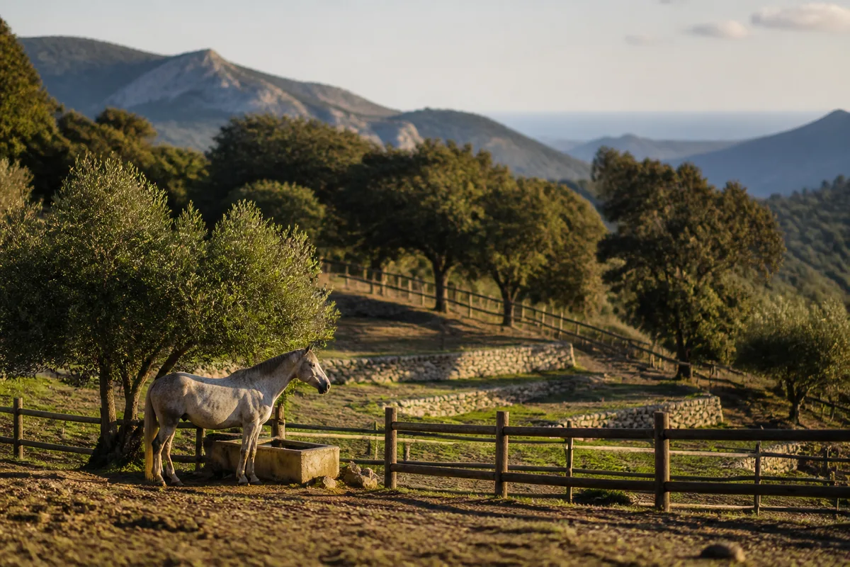 Clairière de pâture bordée de chênes-lièges dans la plaine des Maures