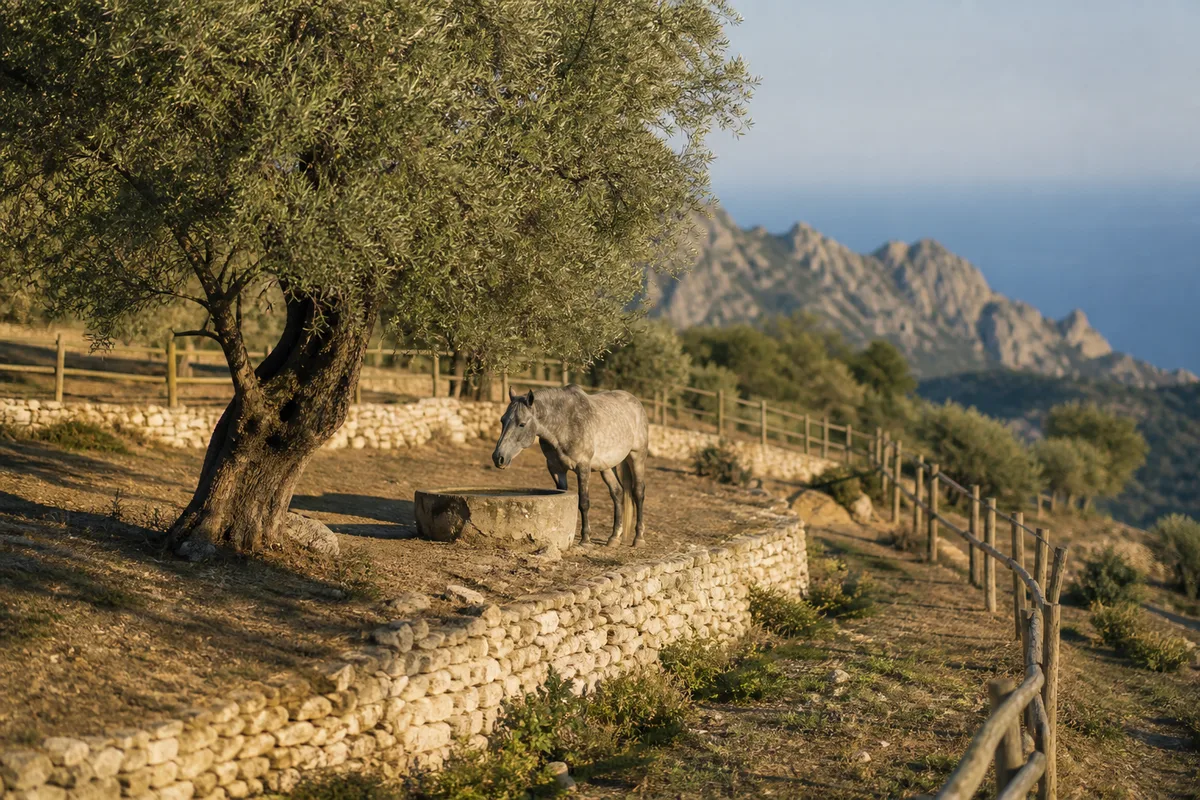 Paddock stabilisé bordé de restanques sèches dans le moyen pays azuréen