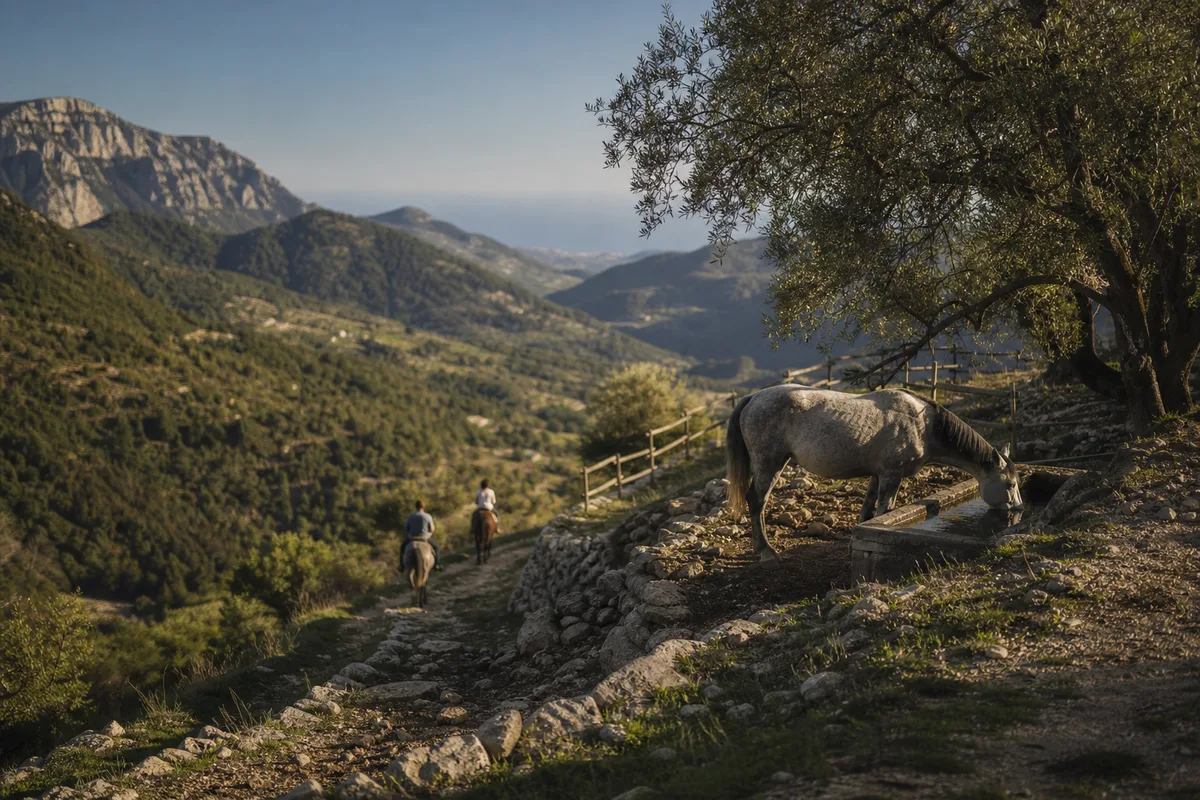 Cavaliers sur un ancien chemin muletier dominant une vallée des Alpes-Maritimes